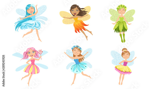Adorable Little Fairies in Colorful Dresses with Wings Set, Smiling Beautiful Girls in Fairy or Elf Costumes Vector Illustration