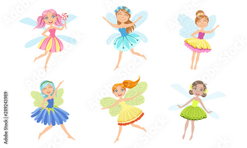 Adorable Happy Little Fairies Set, Smiling Beautiful Girls in Fairy or Elf Costumes Vector Illustration