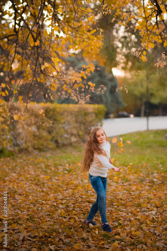 Little girl in autumn orange leaves. happy little child, baby girl laughing and playing in the autumn on the nature walk outdoors. Selective focus, copy space. Happy child with maple leaves in autumn Little girl in autumn orange leaves. happy little child, baby girl laughing and playing in the autumn on the nature walk outdoors. Selective focus, copy space. Happy child with maple leaves in autumn