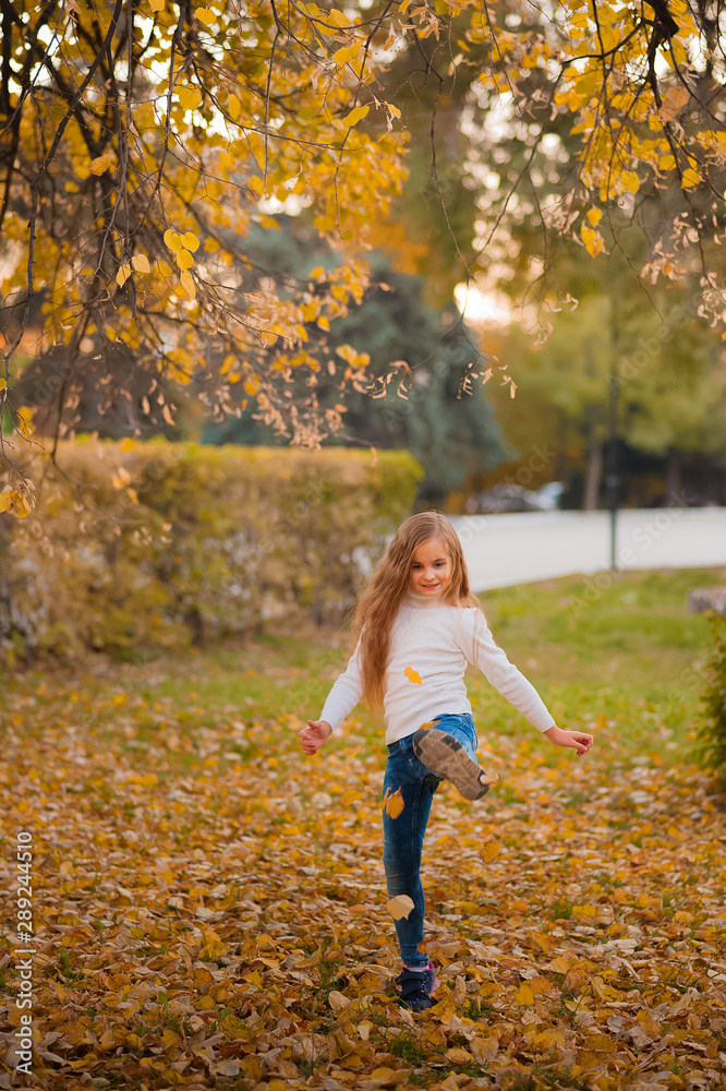 Little girl in autumn orange leaves. happy little child, baby girl laughing and playing in the autumn on the nature walk outdoors. Selective focus, copy space. Happy child with maple leaves in autumn Little girl in autumn orange leaves. happy little child, baby girl laughing and playing in the autumn on the nature walk outdoors. Selective focus, copy space. Happy child with maple leaves in autumn
