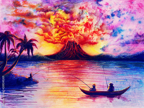 Watercolor landscape with volcano, lava and smoke, colorful sky, dark silhouette of palm trees, people on river, sea, ocean, abstract artwork, bright painting, gouache and colored pencils