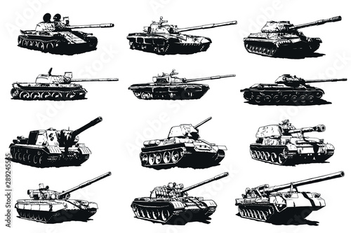 Tank vector isolated illustration. Military machine logotype. Black and white icon.