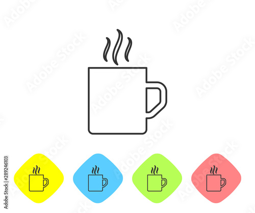 Grey line Coffee cup flat icon isolated on white background. Tea cup. Hot drink coffee. Set icon in color rhombus buttons. Vector Illustration