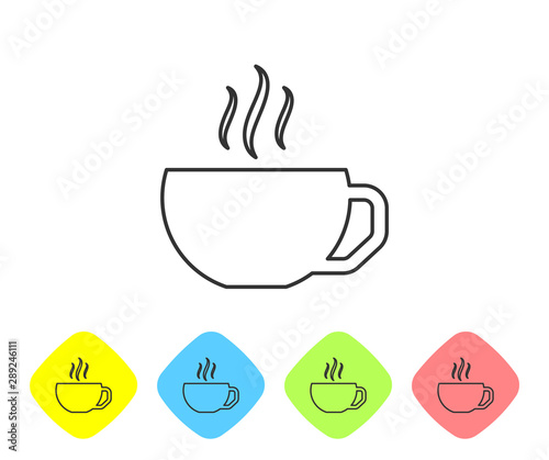 Grey line Coffee cup flat icon isolated on white background. Tea cup. Hot drink coffee. Set icon in color rhombus buttons. Vector Illustration