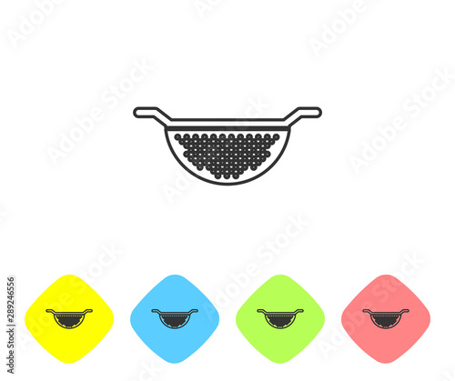 Grey line Kitchen colander icon isolated on white background. Cooking utensil. Cutlery sign. Set icon in color rhombus buttons. Vector Illustration