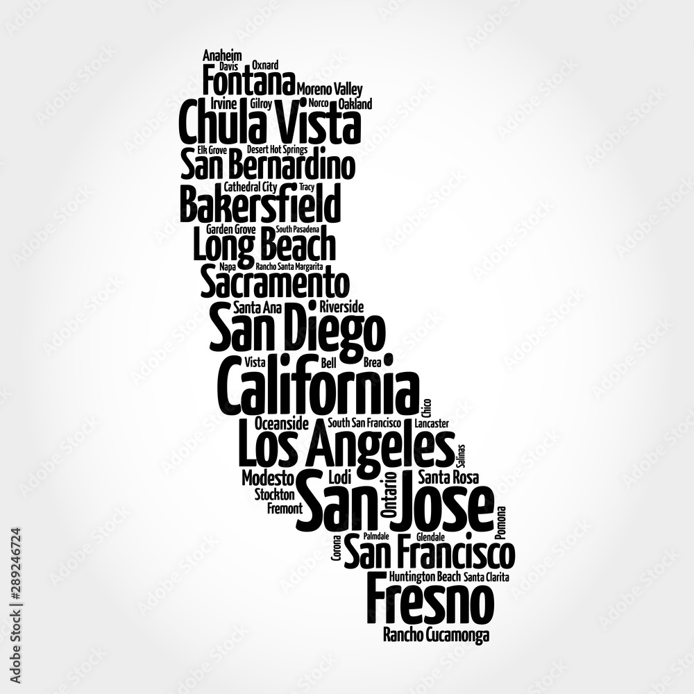 List of cities in California USA state, map silhouette word cloud map