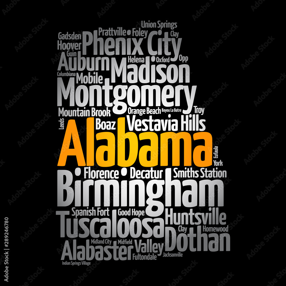 List of cities in Alabama USA state, map silhouette word cloud map concept