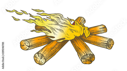 Torch Flame Blowing In Wind Color Vector. Burning Starburst Timbers Flame Fireplace. Camping Tourist Element Campfire Template Designed In Vintage Style Illustration