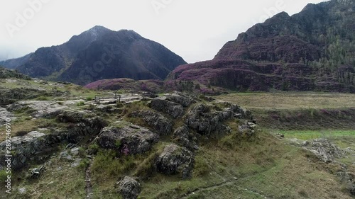 Altai. Kalbaktash petroglyphs. Katun river. Aerial video photo