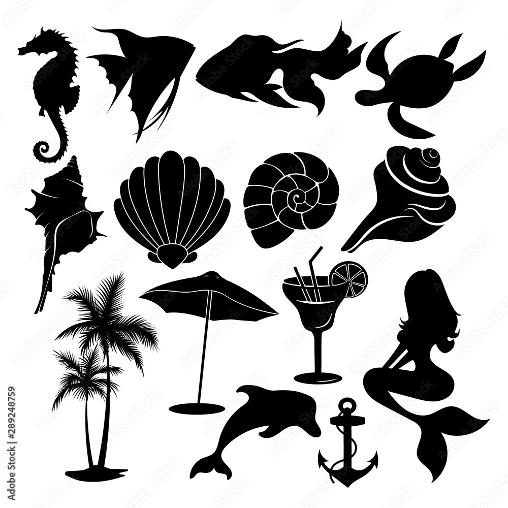 Set of summer elements. Collection of beach silhouettes. Vector  illustration for kids. Tattoo. Stock Vector | Adobe Stock