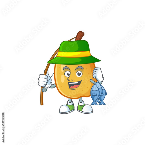 Fishing ripe fragrant pear fruit cartoon character