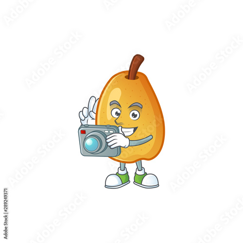 Photographer ripe fragrant pear fruit cartoon character