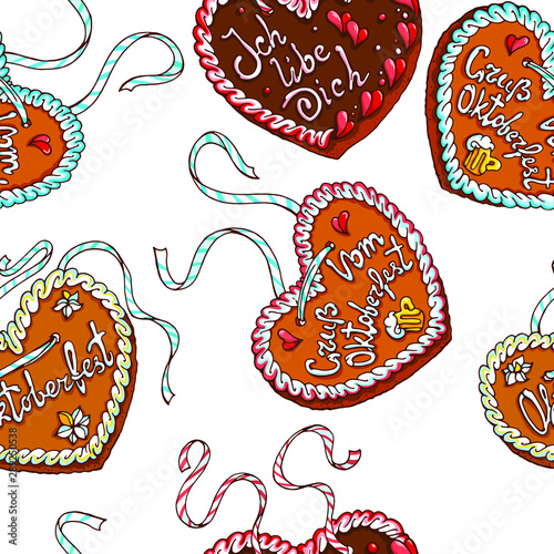 Vector seamless pattern in October fest design: nurnberg gingerbread with phrases "octoberfest" , " i love you" , " hello from octoberfest"
