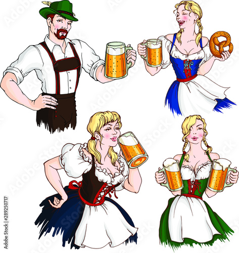 Vector set with handsome man and pretty blond girls wearing traditional german clothes with beer and pretzel. October fest design.