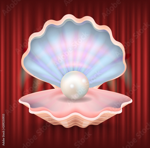 Mollusk with pearl vector, expensive luxury jewelry products. Shining seashell with round object inside. Red curtain background, presentation of product. Red curtain theater background