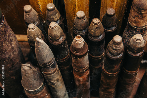 Old military shells closeup. Weapons of world war II