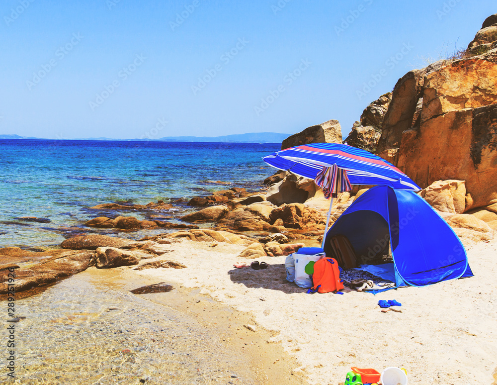 Summer vacation camping on lonely sand beach