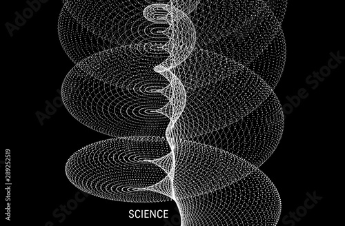 Spiral. Array with dynamic particles. Abstract grid design. 3d vector illustration for science or technology.