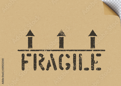 Grunge Fragile cargo box sign with arrows on craft cardboard paper background for logistics. Mean this way up, handle with care. Vector illustration