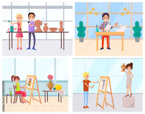 People art education, making application, painting and crafting. Handmade hobby of man and woman, worker drawing, cutting and sculpting indoor vector. Flat cartoon. Modern office or art school