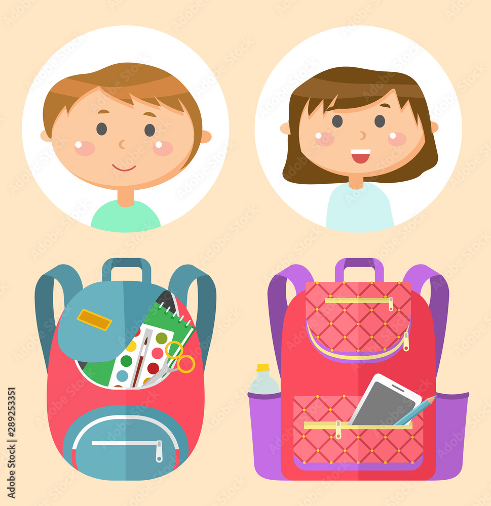 Backpacks or schoolbags with stationery, school children avatars. Rucksacks with books, girls and boys, sticker of smiling pupils or students, classmates and bags. Back to school concept. Flat cartoon Backpacks or schoolbags with stationery, school children avatars. Rucksacks with books, girls and boys, sticker of smiling pupils or students, classmates and bags. Back to school concept. Flat cartoon