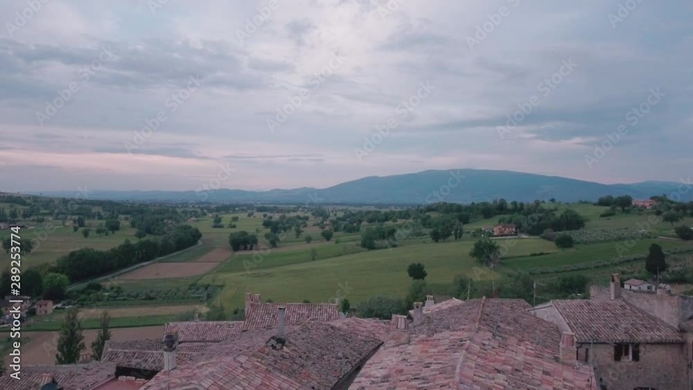 Aerial Drone shot Crane Up from Medieval Italian Village in Umbria, Italy Aerial Drone shot Crane Up from Medieval Italian Village in Umbria, Italy