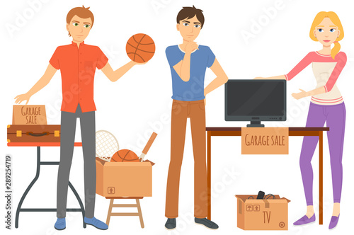 Young people managing garage sale. Unnecessary things. TV household and sport items lying on table. Flea market concept flat design vector. Garage sale event for sale used goods. Flat cartoon