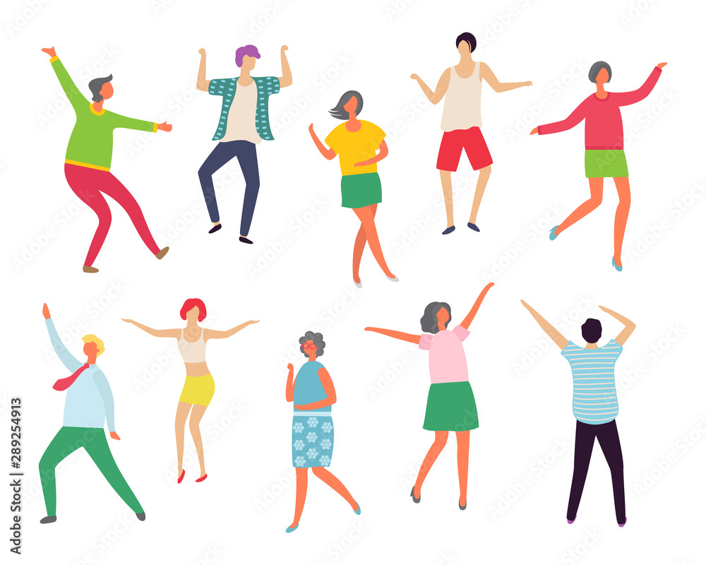 Partying people with good mood vector, isolated man and woman couples waving hands and shaking bodies flat style. Male and female at club, clubbing. Dancing people. Flat cartoon