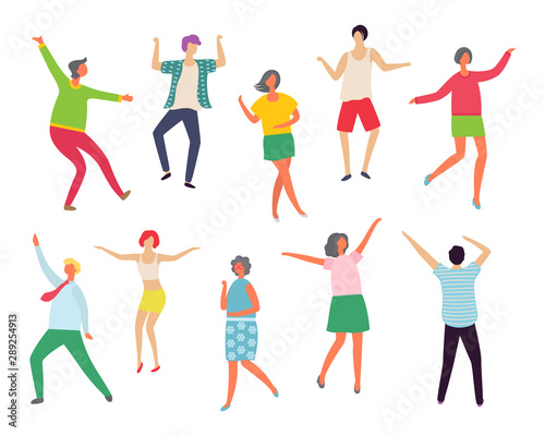 Partying people with good mood vector, isolated man and woman couples waving hands and shaking bodies flat style. Male and female at club, clubbing. Dancing people. Flat cartoon