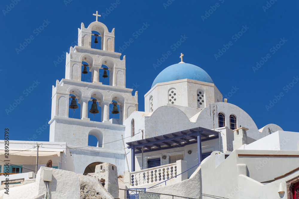 traditional blue and white church in Santorini, Cyclades islands, Greece