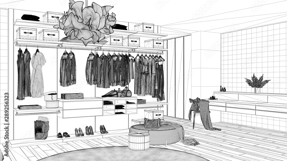 Blueprint project draft, luxury modern bedroom with walk-in closet with ...