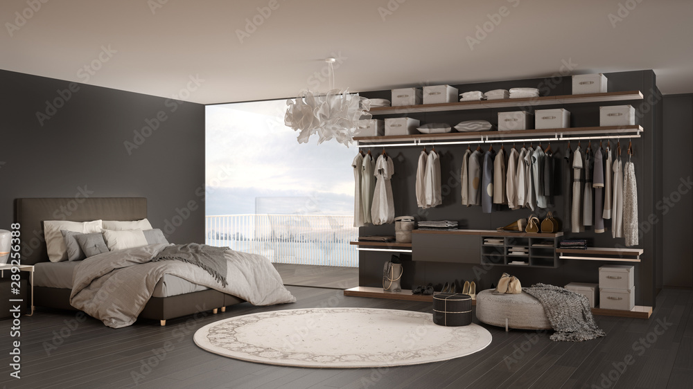 Luxury white and gray modern bedroom with double bed and walk-in closet ...