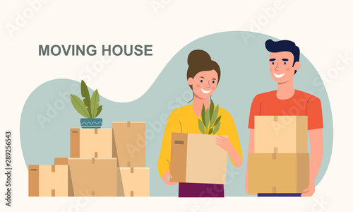 Man and woman hold boxes. Moving house.  Vector flat style illustration