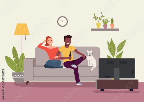 Young woman, afro american man and cat  sitting on sofa and watching TV in the living room. Vector flat style illustration