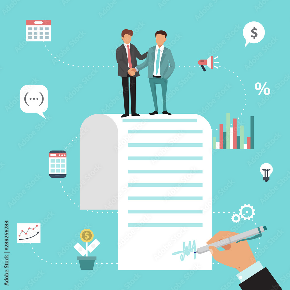 Two businessmen are shaking hands after agreement contract. Hand signs a contract. Two business men are standing at the top of contract vector illustration.