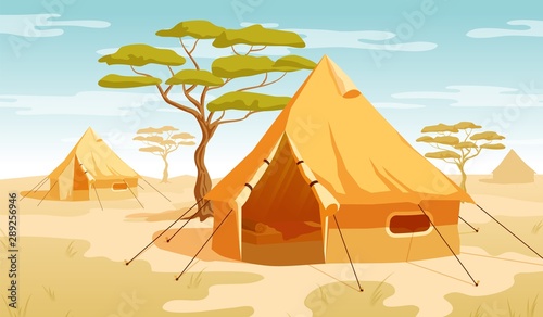 Safari tent in the desert savannah. Vector illustration.