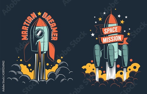 Rocket launch retro emblem. Rocketship start to the Mars vintage poster template. Vector illustration.