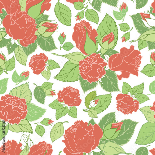 Terracotta roses vector seamless pattern background with vintage look flowers and green leaves is perfect for floral bedding  home decor  textile  scrapbooking and garden projects