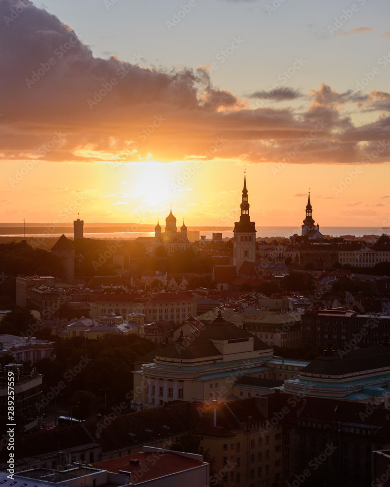 Tallinn old town top view at sunset