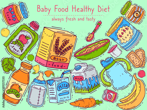 Healthy baby diet banner vector illustration. First meal for babies. Baby puree jars, sippy cups, drink bottles and boxes with porridge.