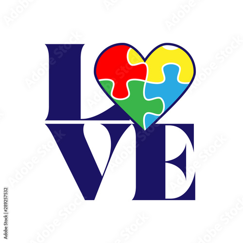 Love with Autism puzzle heart. - funny  vector saying. Good for awarness month decoration, posters, textiles, gifts, t shirts.
