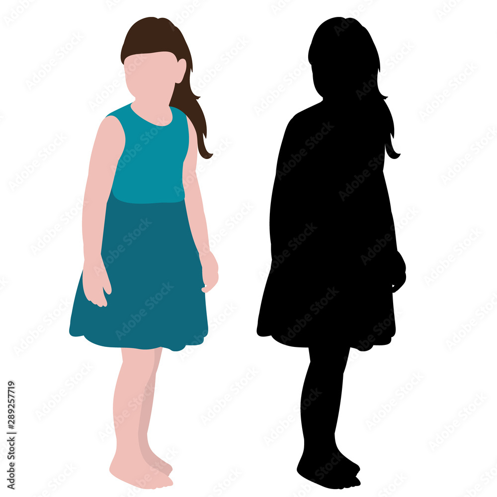  isolated, silhouette of the child and in a flat style, the girl is standing