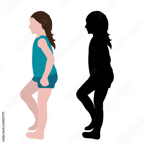 vector, isolated, silhouette of the child and in a flat style, the girl is walking