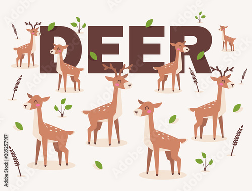 Deer isolated on white background, vector illustration in flat cartoon style. Cute spotted deer character. Pattern with young reindeer animals, happy and smiling