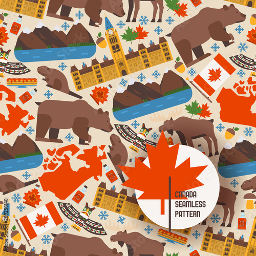 Canadian symbols and main landmarks, vector illustration. Seamless pattern with flat style icons of Canada. Natural, architectural and cultural attractions of Canada