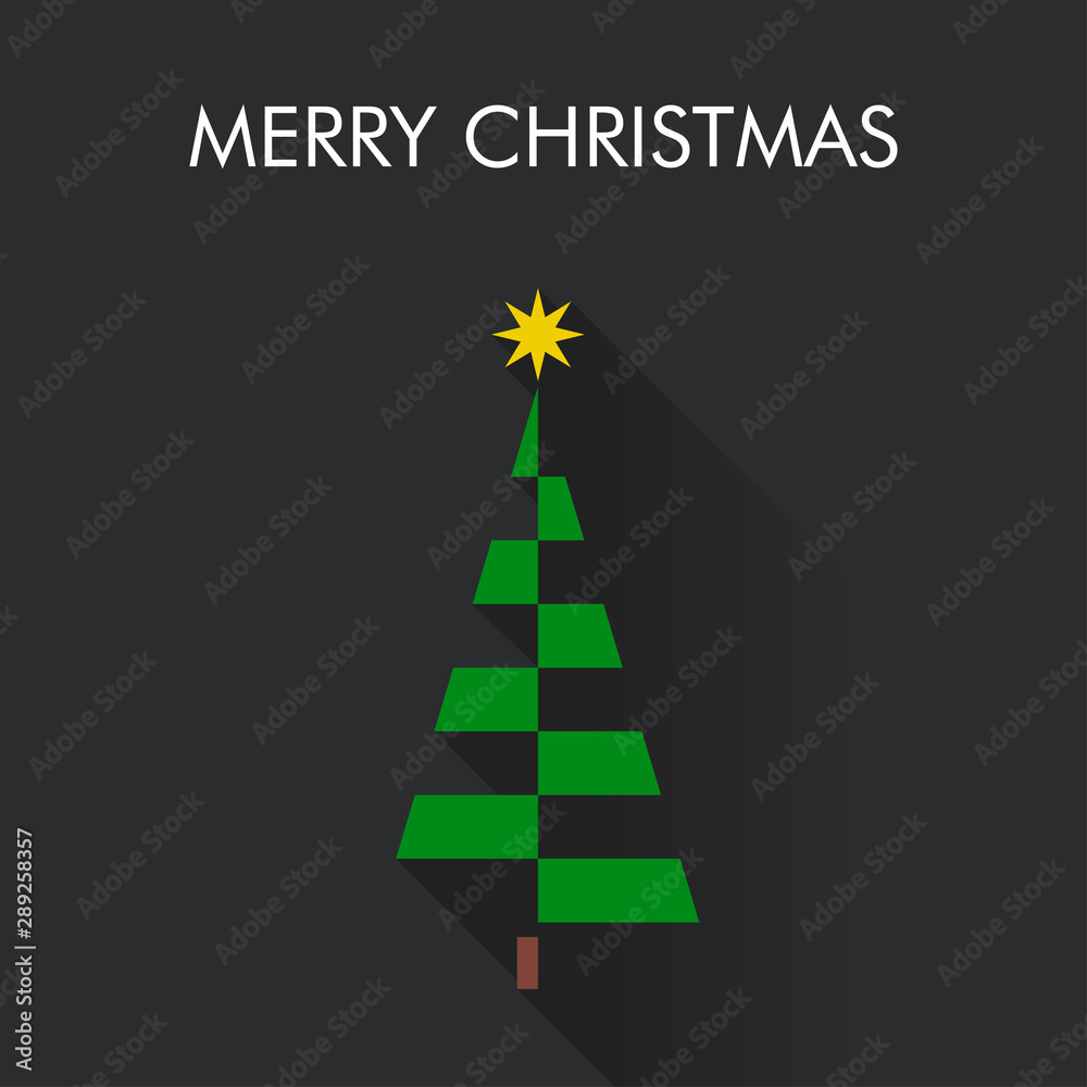 Logotipo con texto Merry Christmas con árbol abstracto con piezas con sombra en fondo gris