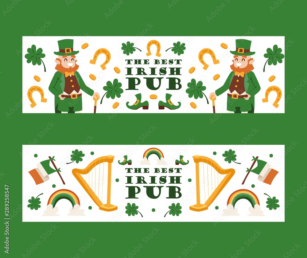 Fototapeta premium Irish pub banners, vector illustration. St Patricks day festival, traditional holiday in Ireland. Smiling leprechaun and symbols of luck and fortune