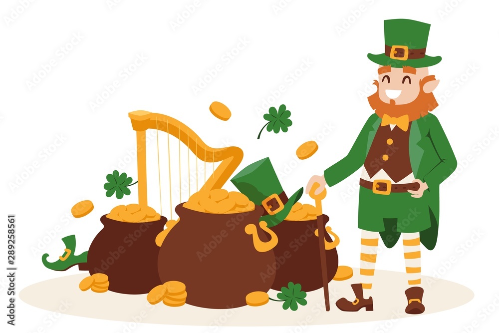 Fototapeta premium St Patricks day leprechaun, Ireland vector illustration. Smiling cartoon character with symbols of luck. Traditional Irish holiday, spring festival