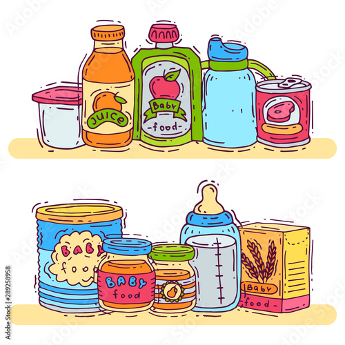 Baby complementary food vector illustration. First meal for babies is standing on shelves. Baby bottles, puree jars, sippy cups and boxes with porridge