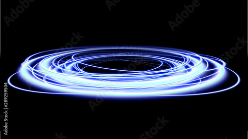 Magic portal. Space travel concept, funnel-shaped tunnel that can connect one universe with another. Blue rays of a black scene with sparks. Space tunnel. Futuristic teleport. 3d illustration